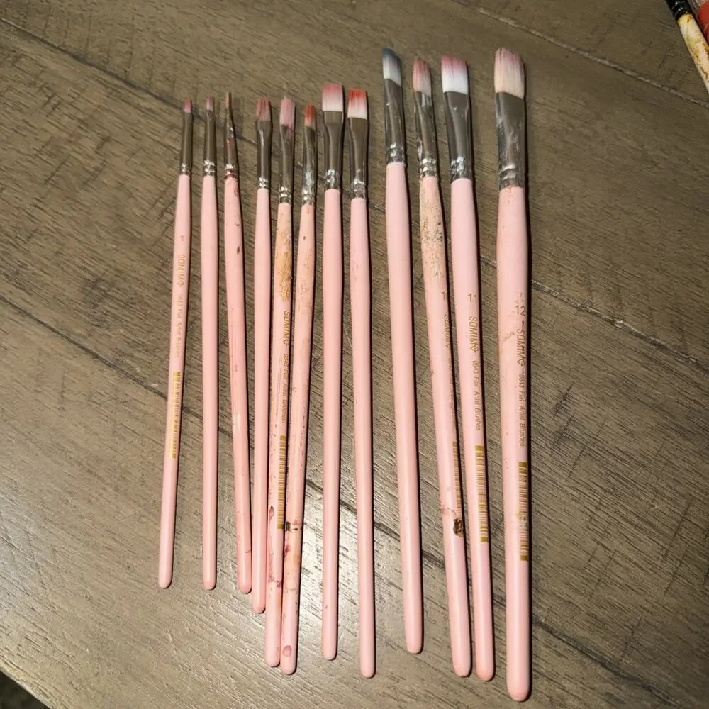 Somime Professional Watercolor Paint Brush Set 12 Pcs Round Flat Pink Well Loved